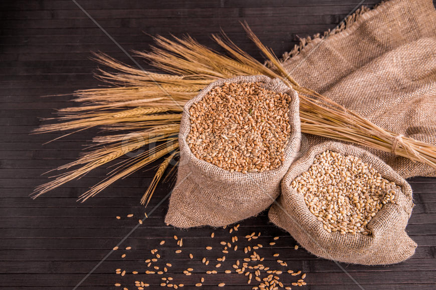 Зерна пшеницы и овсянки в мешочках с колосками на темном фоне