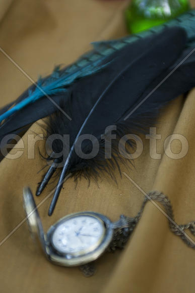 Натюрморт из перьев и карманных часов в стиле стимпанк.