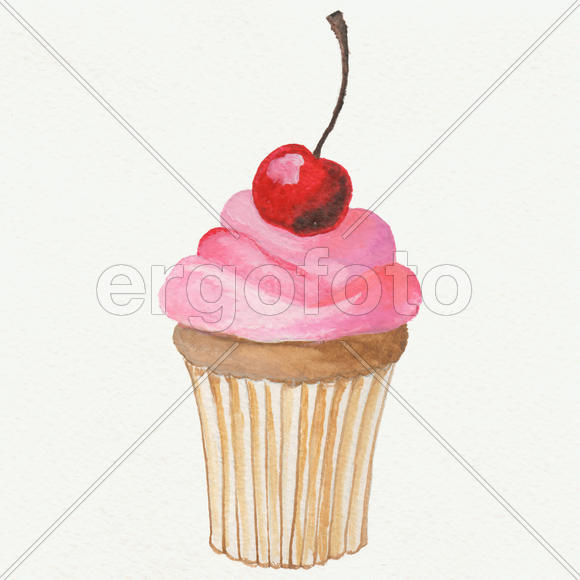 Капкейк с вишенкой (акварель)