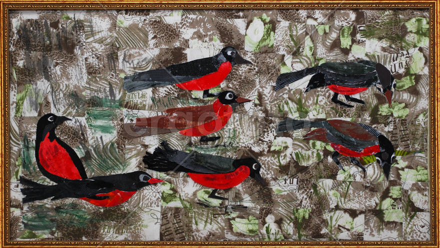  неизвестные птицы - аппликация в стиле   пэчворк (в раме)