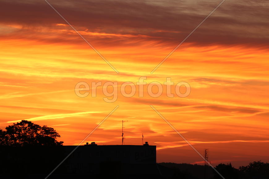 Черные силуэты домов на фоне заката 