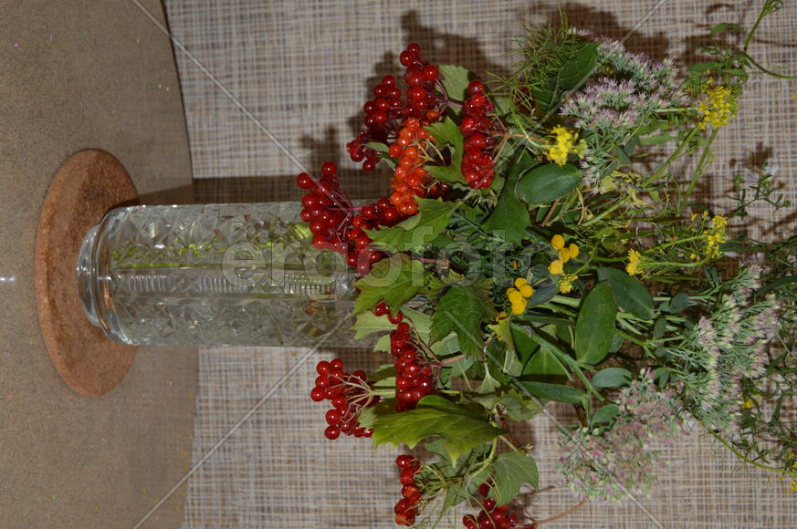 Натюрморт, Хрустальная ваза с цветами и гроздьями рябины 