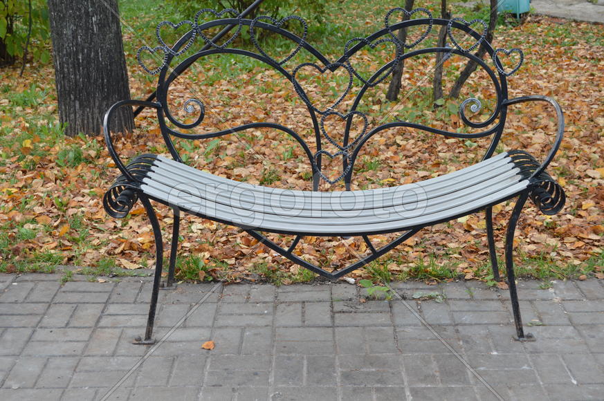 Золотая осень. Скамейка в виде сердца в городском парке 