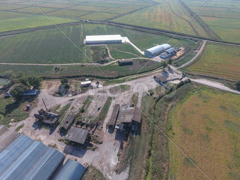 Top view of the hangars. Hangar of galvanized metal sheets for the storage of agricultural products 
