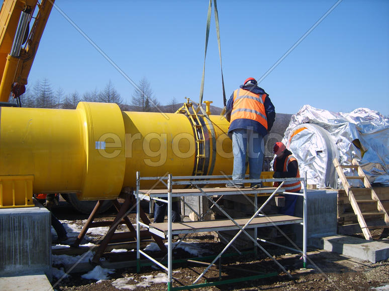 Sakhalin, Russia - 12 November 2014: Construction of the gas pipeline on the ground. Transportation 