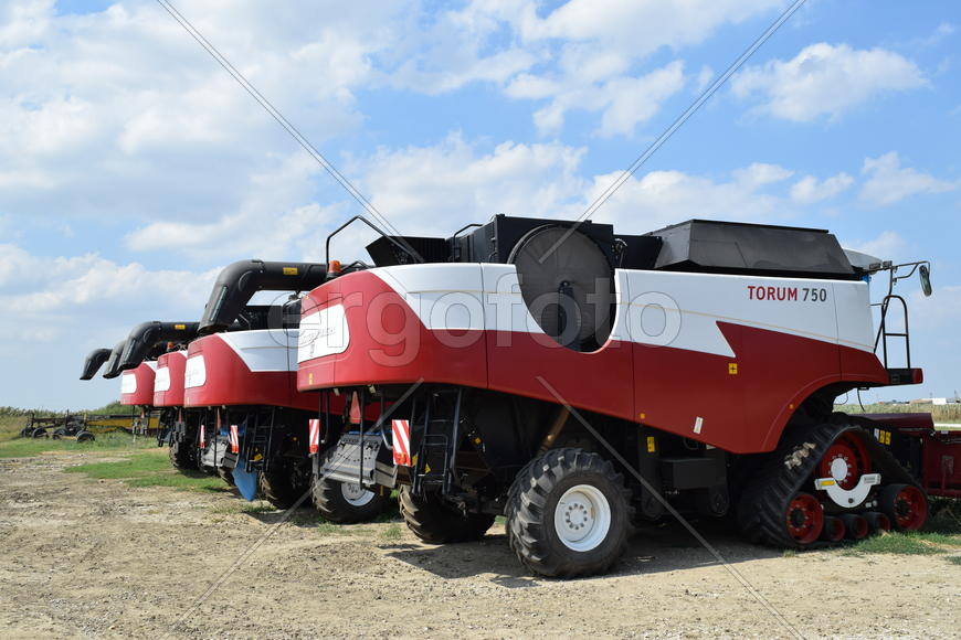 Russia, Poltavskaya village - September 6, 2015: Combine harvesters Torum. Agricultural machinery