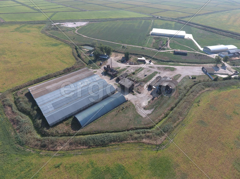 Top view of the hangars. Hangar of galvanized metal sheets for the storage of agricultural products 