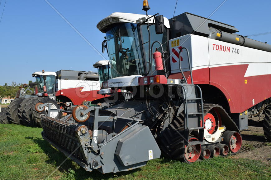 Russia, Poltavskaya village - September 6, 2015: Combine harvesters Torum. Agricultural machinery