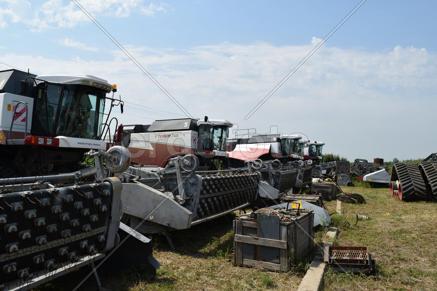 Russia, Poltavskaya village - September 6, 2015: Combine harvesters Torum. Agricultural machinery
