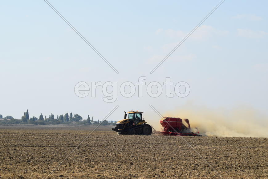 Russia, Temryuk - 19 July 2015: Tractor rides on the field and makes the fertilizer into the soil. C