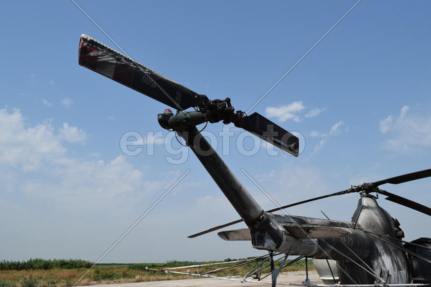 Old helicopter spraying fields. Helicopter spraying fertilizer.