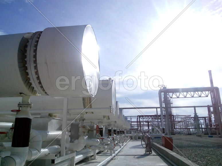 Heat exchangers in a refinery. The equipment for oil refining
