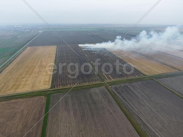 Сжигание соломы на полях после уборки урожая пшеницы. 