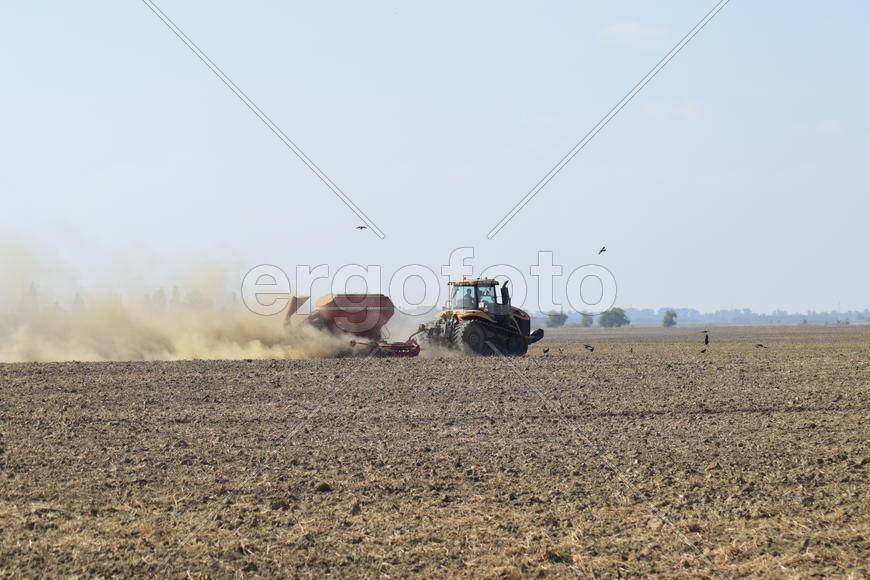 Russia, Temryuk - 19 July 2015: Tractor rides on the field and makes the fertilizer into the soil. C
