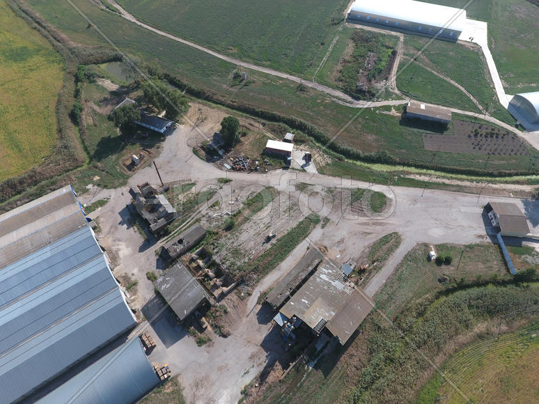 Top view of the hangars. Hangar of galvanized metal sheets for the storage of agricultural products 