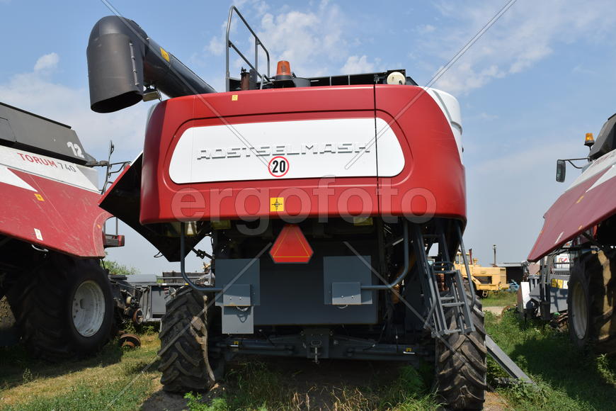 Russia, Poltavskaya village - September 6, 2015: Combine harvesters Torum. Agricultural machinery