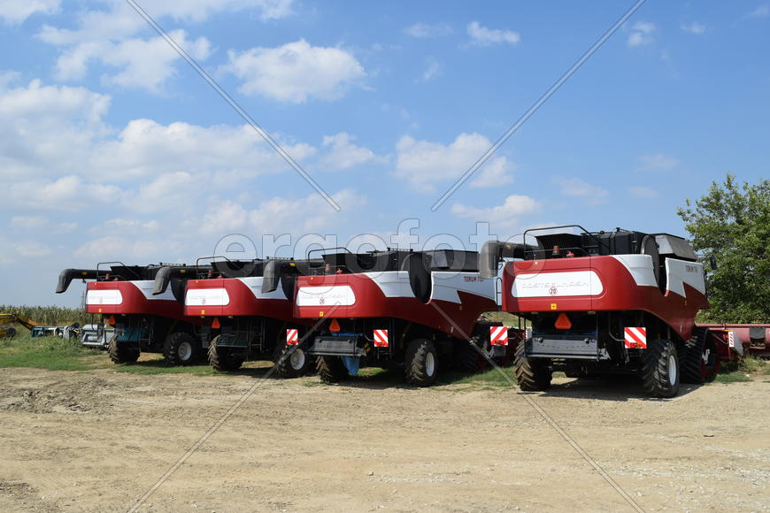 Russia, Poltavskaya village - September 6, 2015: Combine harvesters Torum. Agricultural machinery