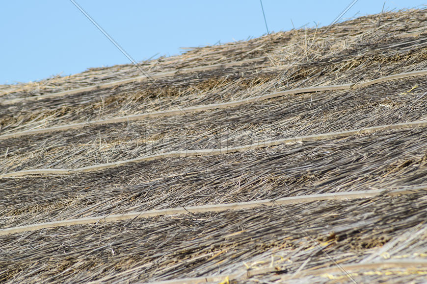 Наклон крыши из камыша и соломы. Древние строительные материалы.