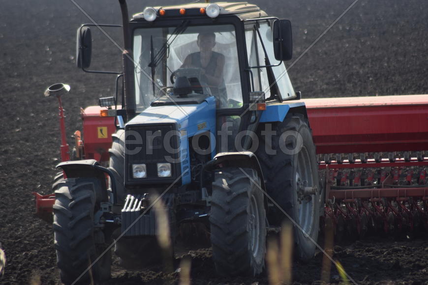 Tractor, standing in a row. Agricultural machinery. Parking of agricultural machinery.
