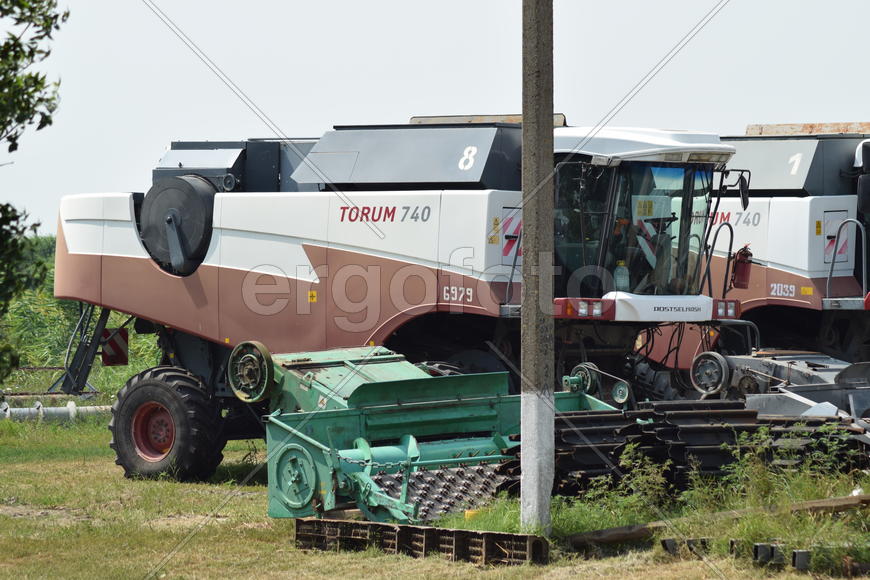 Russia, Poltavskaya village - September 6, 2015: Combine harvesters Torum. Agricultural machinery