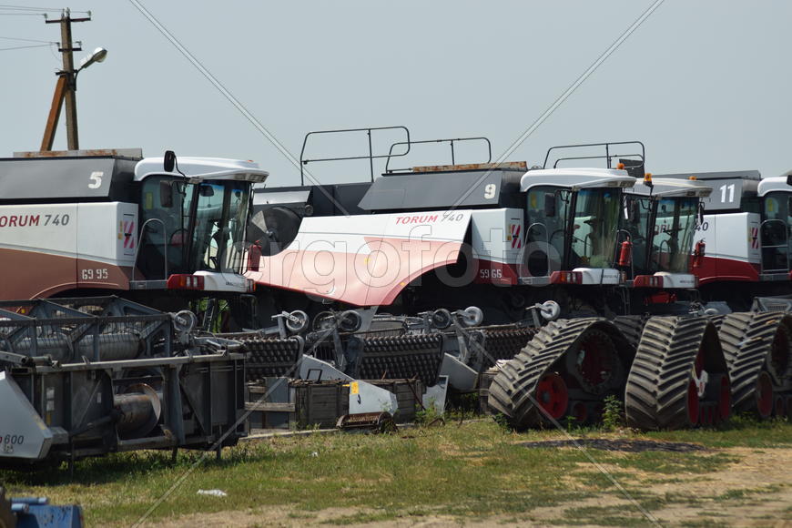 Russia, Poltavskaya village - September 6, 2015: Combine harvesters Torum. Agricultural machinery