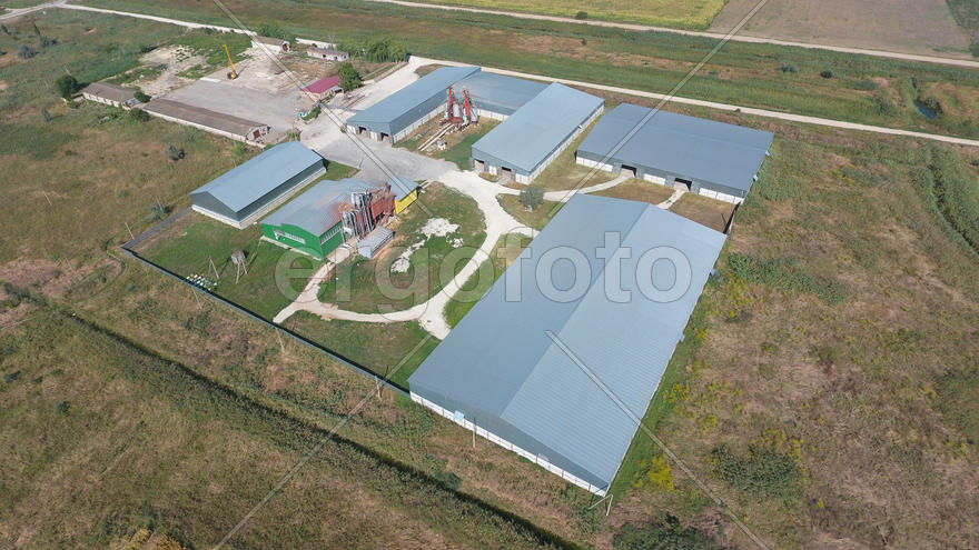 Top view of the hangars. Hangar of galvanized metal sheets for the storage of agricultural products 