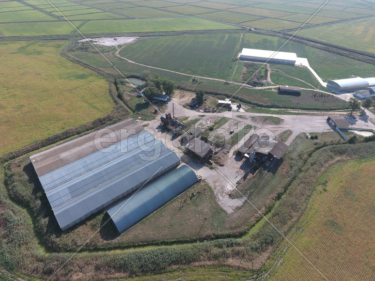 Top view of the hangars. Hangar of galvanized metal sheets for the storage of agricultural products 