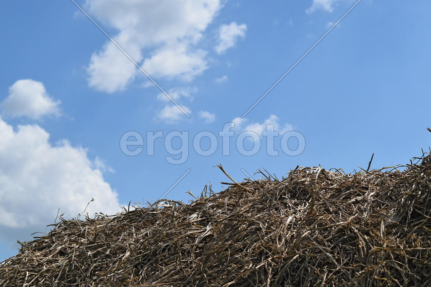 Haystack on a background sky with clouds. Summer haymaking