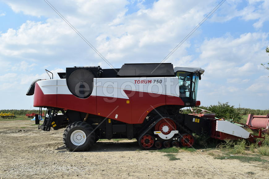 Russia, Poltavskaya village - September 6, 2015: Combine harvesters Torum. Agricultural machinery