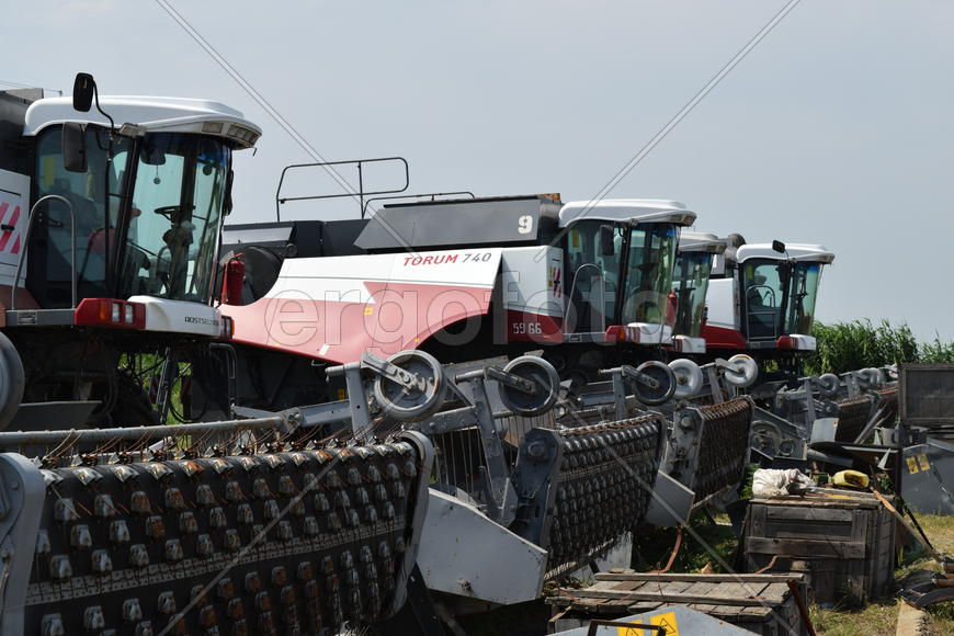 Russia, Poltavskaya village - September 6, 2015: Combine harvesters Torum. Agricultural machinery