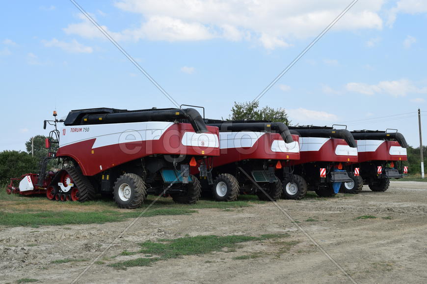 Russia, Poltavskaya village - September 6, 2015: Combine harvesters Torum. Agricultural machinery