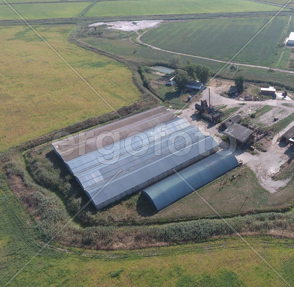 Top view of the hangars. Hangar of galvanized metal sheets for the storage of agricultural products 