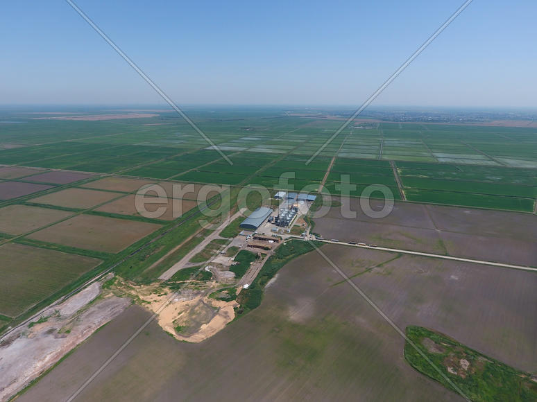 Plant for the drying and storage of grain. Rice plant in the middle of fields. Top view.