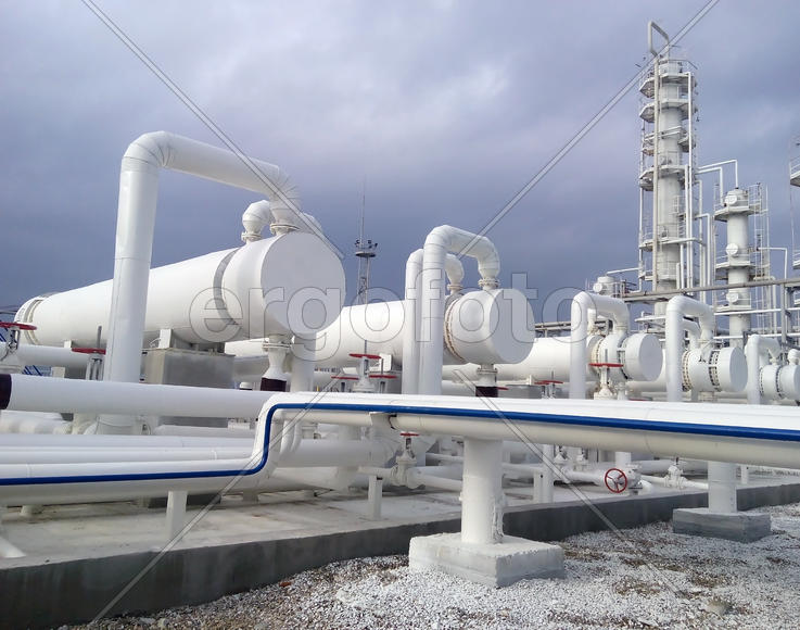Heat exchangers in a refinery. The equipment for oil refining