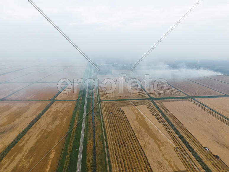 Сжигание соломы на полях после уборки урожая пшеницы. 