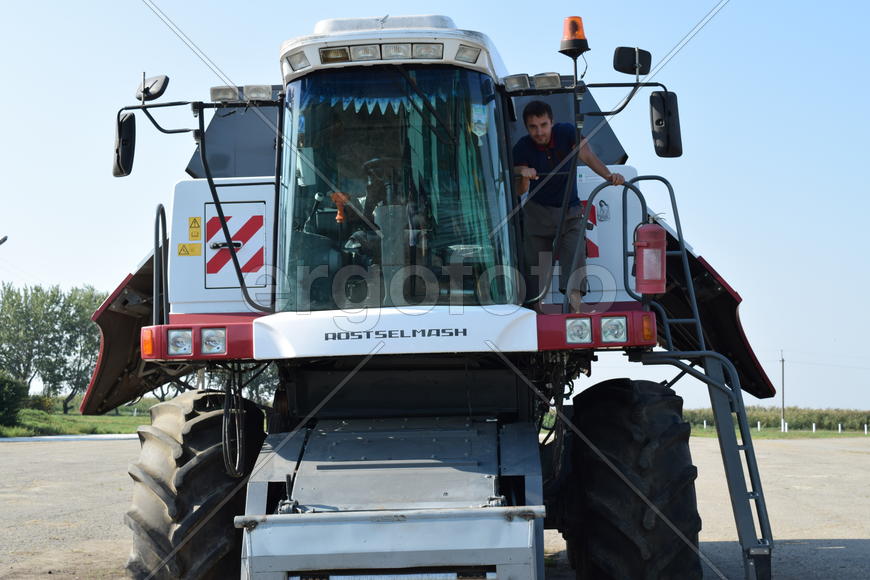 Russia, Poltavskaya village - September 6, 2015: Combine harvesters Torum. Agricultural machinery
