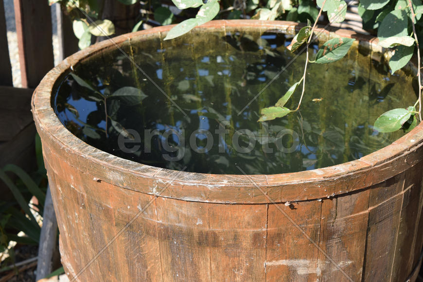 Деревянная бочка наполненная водой 
