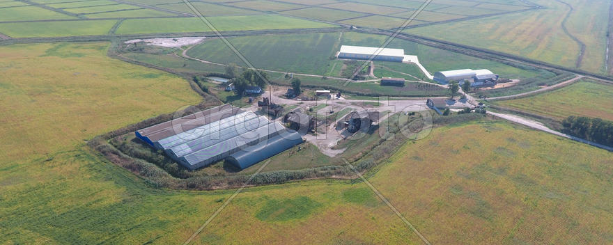 Top view of the hangars. Hangar of galvanized metal sheets for the storage of agricultural products 