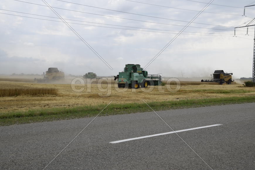 Russia, Temryuk - 01 July 2016: Kombain collects on the wheat crop. Agricultural machinery in the fi