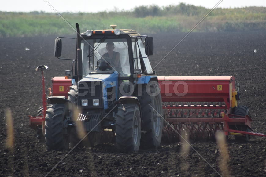 Tractor, standing in a row. Agricultural machinery. Parking of agricultural machinery.