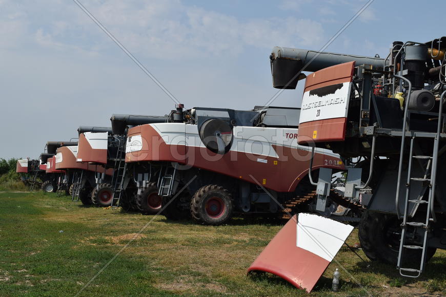 Russia, Poltavskaya village - September 6, 2015: Combine harvesters Torum. Agricultural machinery