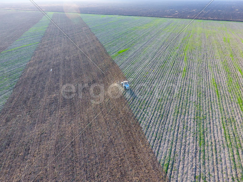 Вид сверху на трактор, который пашет поле. 