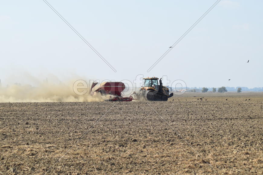 Russia, Temryuk - 19 July 2015: Tractor rides on the field and makes the fertilizer into the soil. C