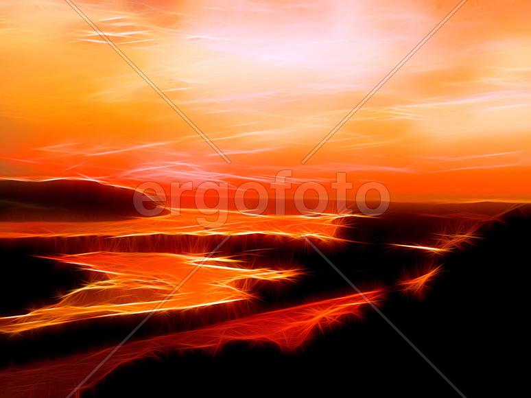 Пейзаж вечернего заката на реке Волга с неоновым цветом