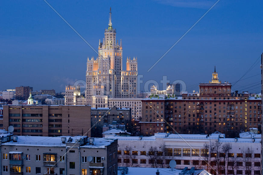 View of the Moscow high-rise building in the winter twilight