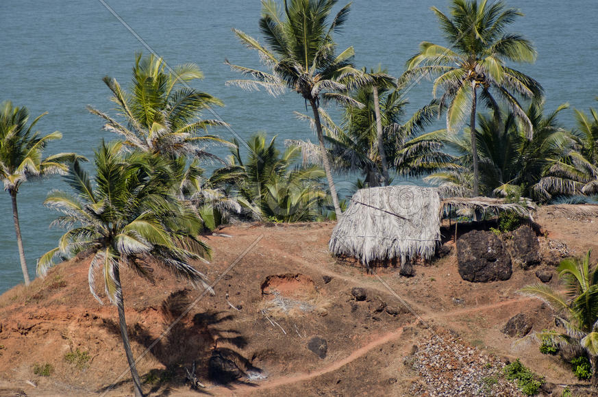Hut among the trees on the bank of the ocean in Goa