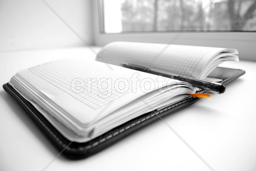 Записная книга с ручкой, на белом фоне.