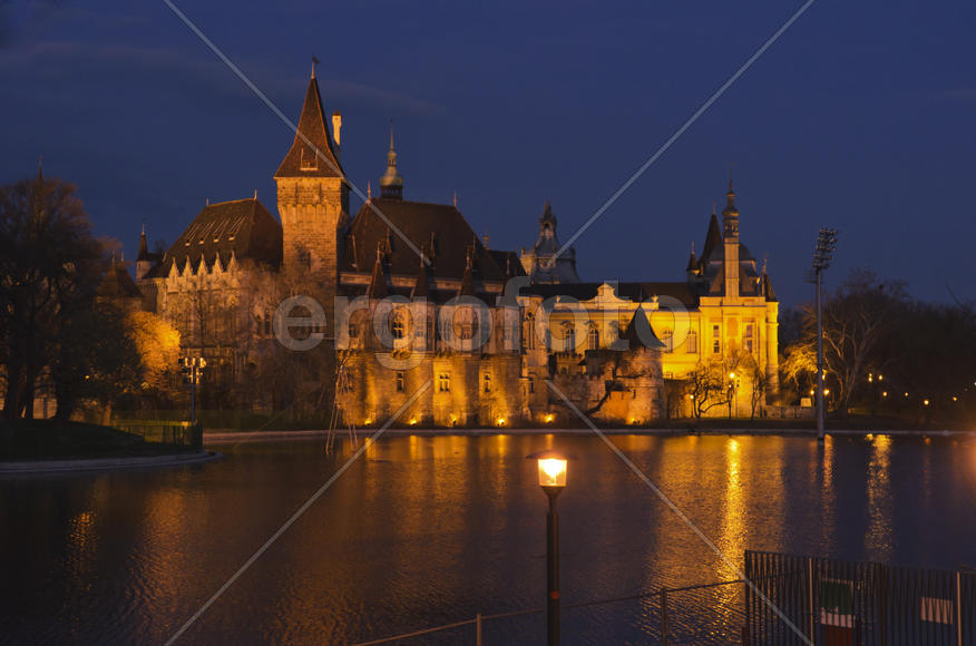 Castle on the water at night. Beautiful architecture, night landscape