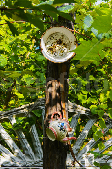 Украшенные кастрюлями стволы деревьев 