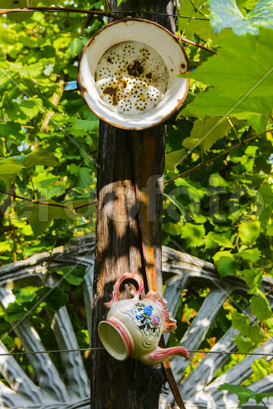 Украшенные кастрюлями стволы деревьев 